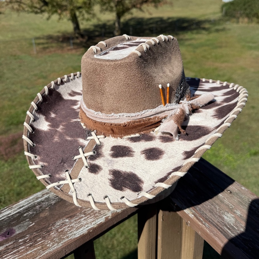 Cowhide Stitched Burned Suede Hat